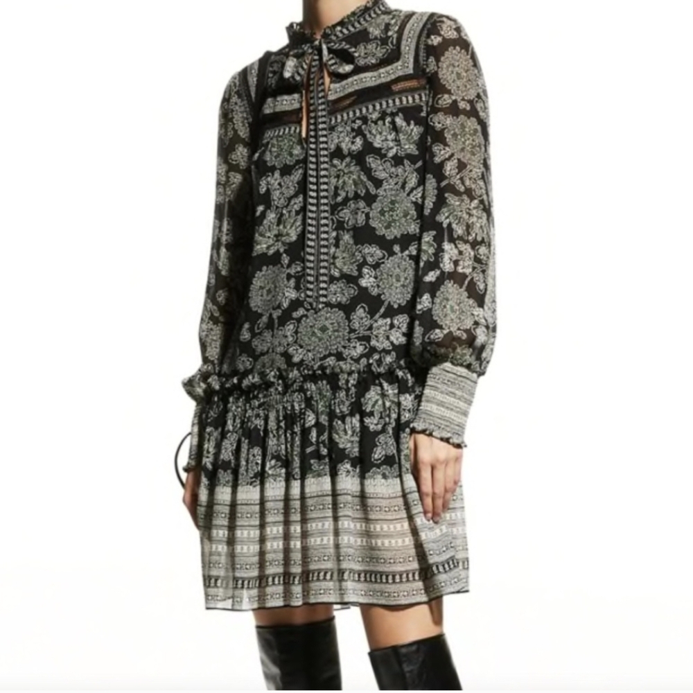 Veronica Beard Nadila Silk‎ Chiffon Tie Neck Mini Dress